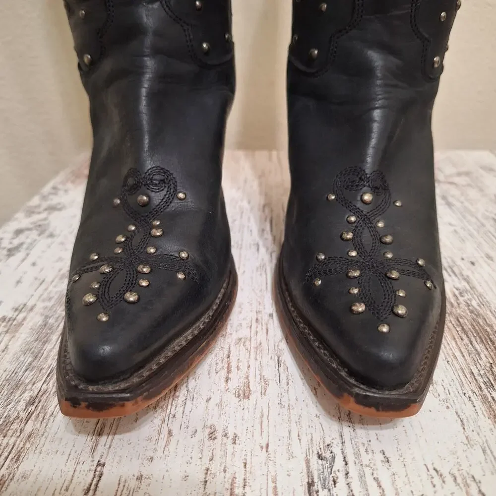 Justin Reba Queen Western Black Leather Studded Square Toe Boot Womens 7